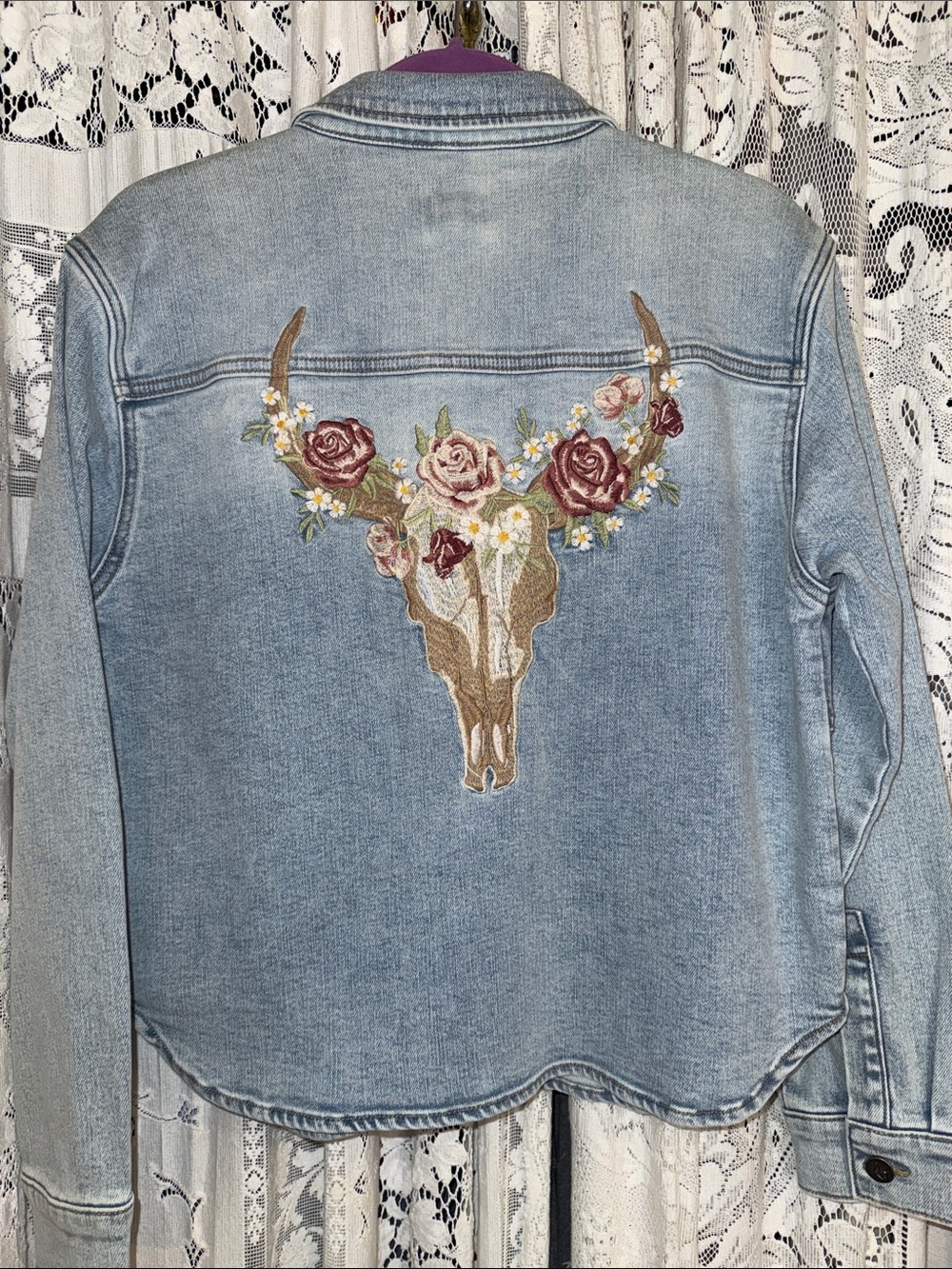 DRIFTWOOD Light Blue Denim Jacket with Floral Bull Skull Embroidery